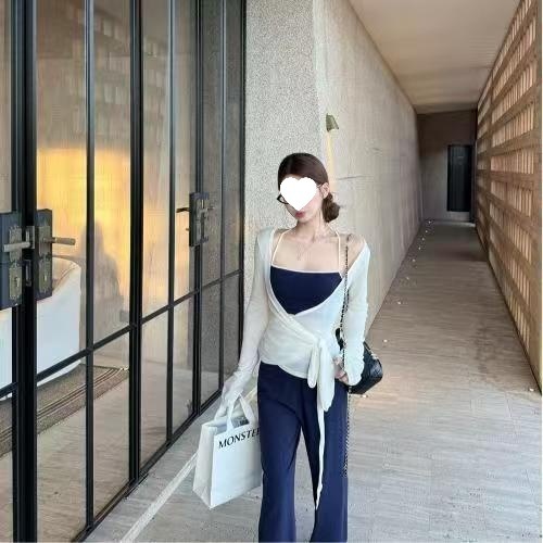 韩系辣妹秋季新款挂脖吊带长袖交叉上衣休闲裤绑带开衫套装三件套|undefined