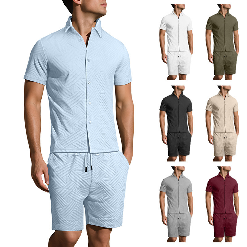 Oferta de verano transfronteriza de Amazon: Nuevo conjunto de dos piezas para hombre, camisa jacquard de color sólido y pantalones cortos casuales de manga corta.