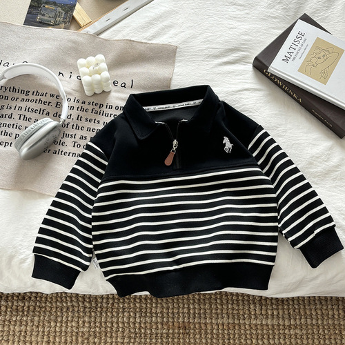 Children's Sweatshirt Autumn New Unisex Zip Polo Collar Long Sleeve Striped Patchwork Versatile Top