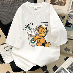 美式卡通加菲猫喝奶茶t恤男女宽松冰柔棉半袖上衣ins冰柔棉短袖