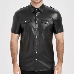 2025 Cross-Border Men's Coated Leather Shirt Short Sleeve Street Style Button Collar Motorcycle Top Party Clubwear