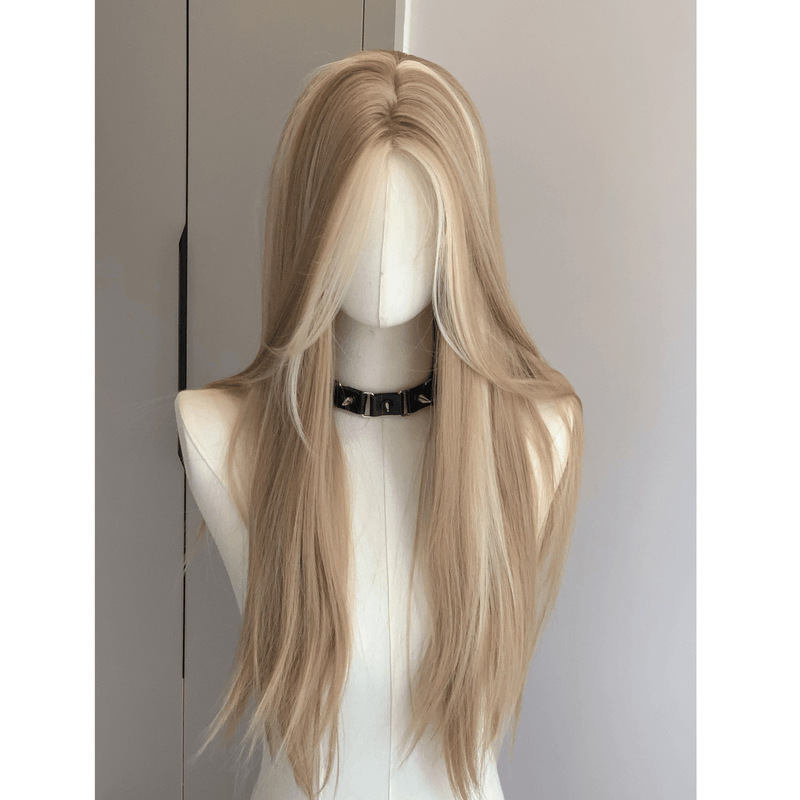 Forehead Lace Wig for Women, Full Headgear, Asian American Golden Brown Highlighted Gradient, Medium Parted Long Straight Hair, Full Wig Style