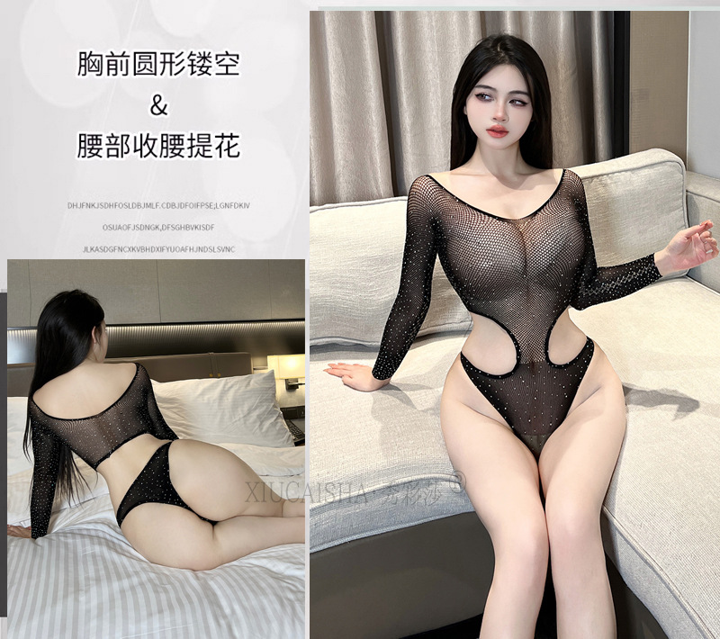 Plus Size Black Lace Long-sleeve Mesh Babydoll Pajama Set with Rhinestone Detail — detail image 11