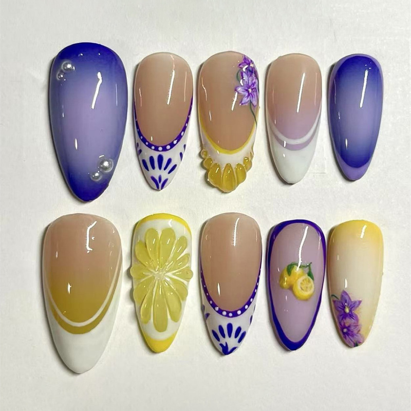 30 Pieces of Semi-Handmade Medium Almond Wearable Nails Lemon Flower French Design Finished Fake Nails
