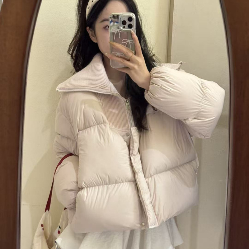 New women's winter down jacket, thickened white duck down puffer coat with knitted collar and turn-down collar, sweet and youthful, warm and trendy outerwear New women's winter down jacket, thickened white duck down puffer coat with knitted collar and turn-down collar, sweet and youthful, warm and trendy outerwear