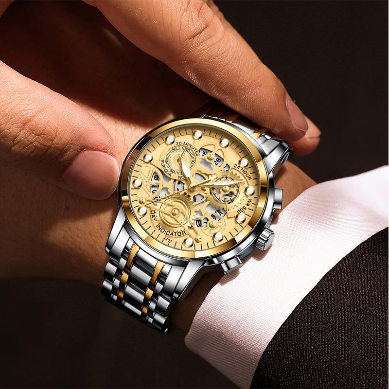 110g Weight Tempered Glass Mirror Material Stainless Steel Strap Material Watch Classification Pointer+Number Display Type Double Side Snaps Buckle Style Round Dial Shape Daily Occasion Quartz Movement Round Pattern Men'S Gender Business Style Business Round Double Side Snaps Quartz Men's Watches