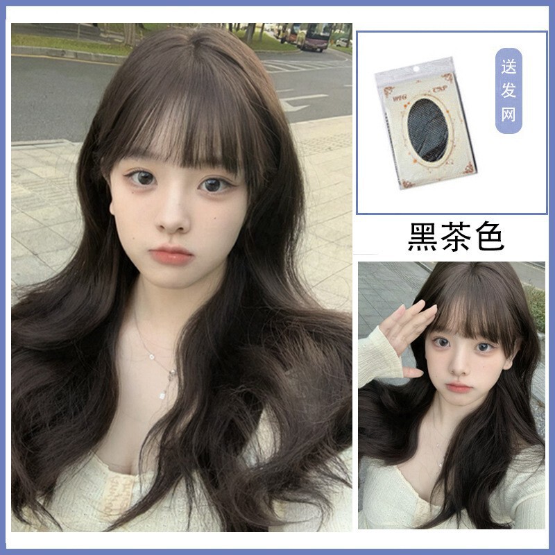 假发女长发仿真发全真人发八字刘海长卷发中分大波浪假发全头套女|undefined