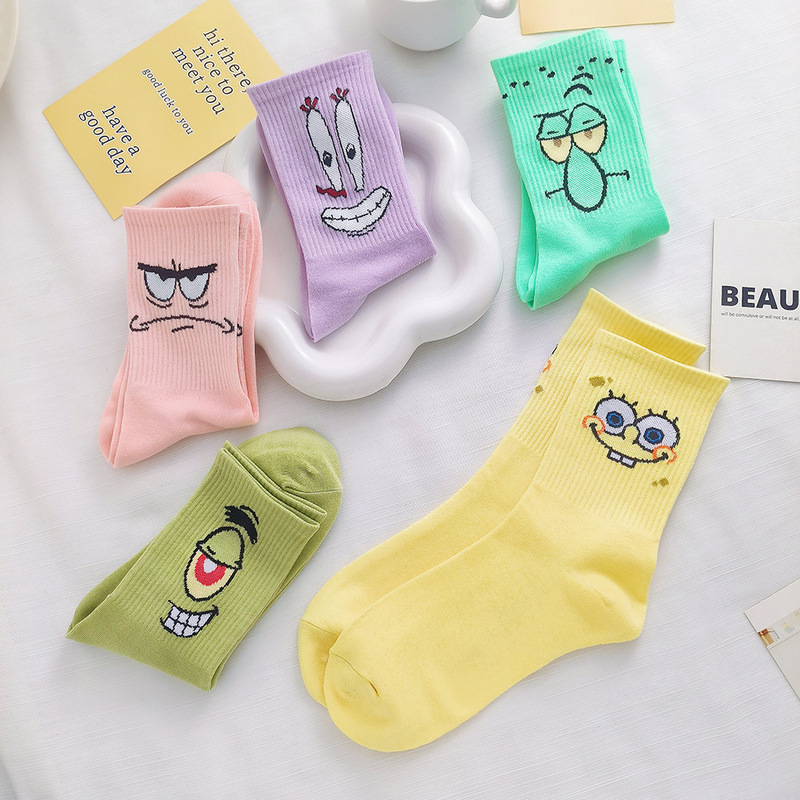 Dopamine Summer Mid-length Stockings Cyber Celebrity Cartoon Spongebob Squarepants Couple Men's and Women's Sports Breathable Student Socks