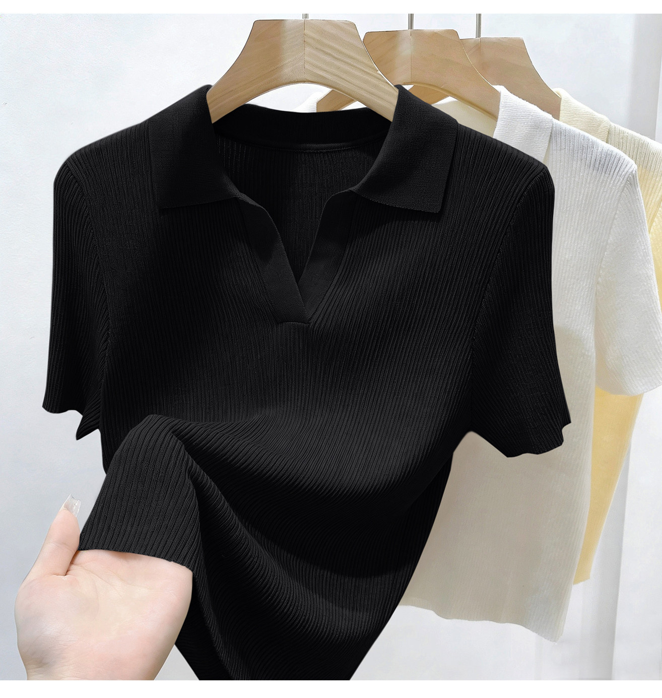 Áo thun nữ cổ polo tay ngắn dáng ôm chất liệu len mỏng mùa hè — màu xanh nhạt chi tiết 2