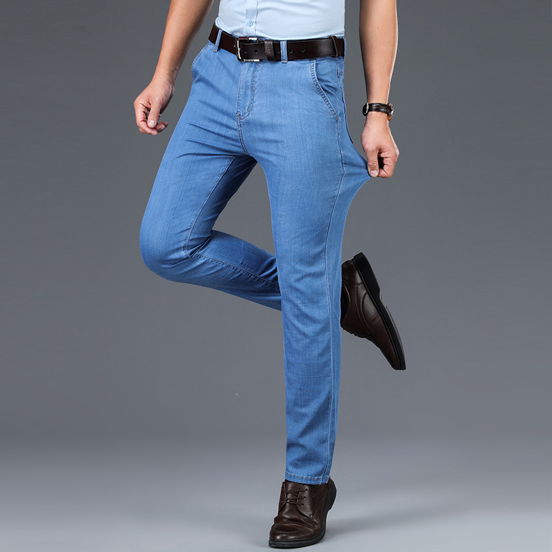 Spring and Summer Super Soft Silk Elastic Cotton High-Waisted Loose Straight-Leg Jeans for Men Plus Size Formal Jeans for Men