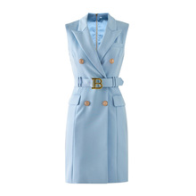 夏季高品质浅蓝色无袖铆钉扣西装领连衣裙系带收腰马甲连衣裙跨境