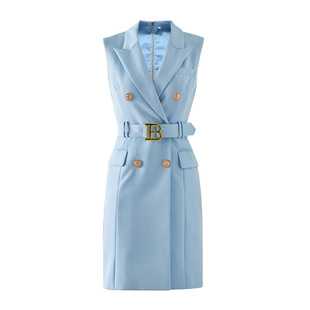 Summer High Quality Light Blue Sleeveless Rivet Buckle Suit Collar Dress Lace Waist Tight Vest Dress Cross Border