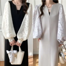 跨境外贸日韩系2025春季新品中长款女装宽松蕾丝拼接连衣裙DRESS