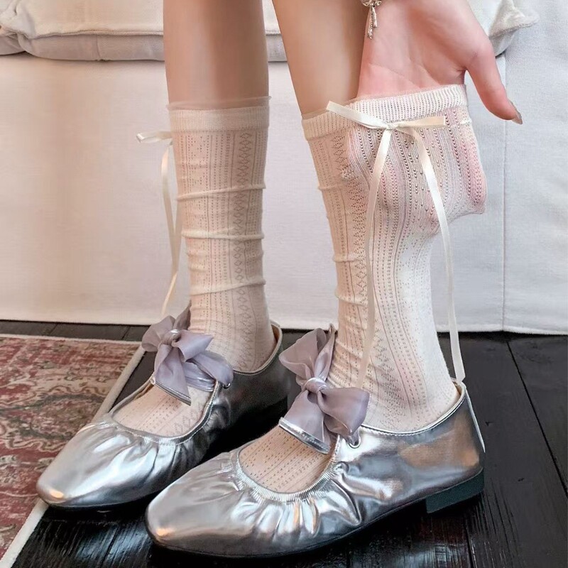 Summer Thin White Bowknot Calf Socks for Women, Breathable Mesh Ballet-Style Cute Slouch Socks