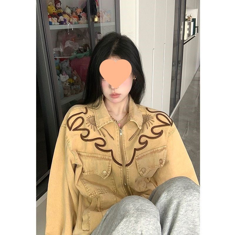 美式复古西部春秋季新款牛仔外套女拉链刺绣夹克宽松个性情侣上衣|undefined