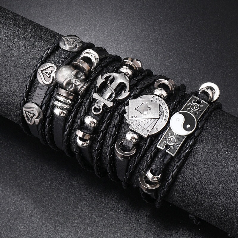Retro Punk Style Multi-Layered Bracelet with Skull, Anchor, and Playing Card Pendant Set Retro Punk Style Multi-Layered Bracelet with Skull, Anchor, and Playing Card Pendant Set