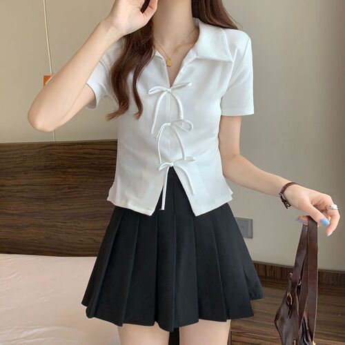 Front shoulder polo collar short-sleeved t-shirt women's summer fat mm slimming loose irregular bow short top