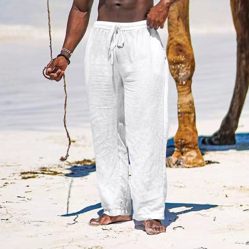 Pantalon de sport droit et respirant en coton et chanvre pour hommes, ample et décontracté, été 2024_voghion.com