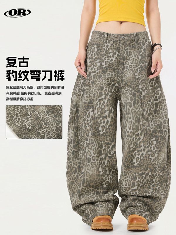 OREETA丨美式复古豹纹弯刀裤男女潮牌高街中性风baggy阔腿休闲裤|undefined