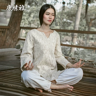 春秋新款棉麻禅修服上衣长袖女装T桖瑜伽服V领宽松透气打坐居士服