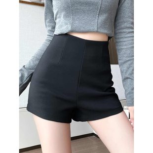 Black High-Waisted Suit Shorts for Women, Spring & Fall New Casual Sports Pants for Small People, Slim American Stretch Hot Pants