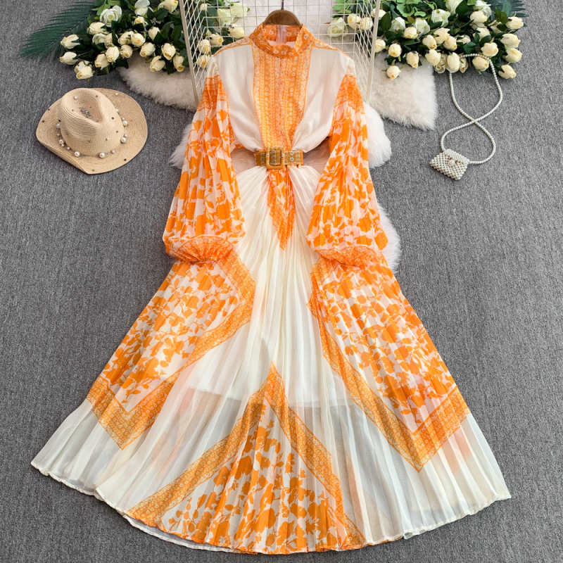 Retro Women's Printed Dress Stand Collar Lantern Sleeve Slim Waist Pleated Long Skirt For Summer New Fashion_voghion.com