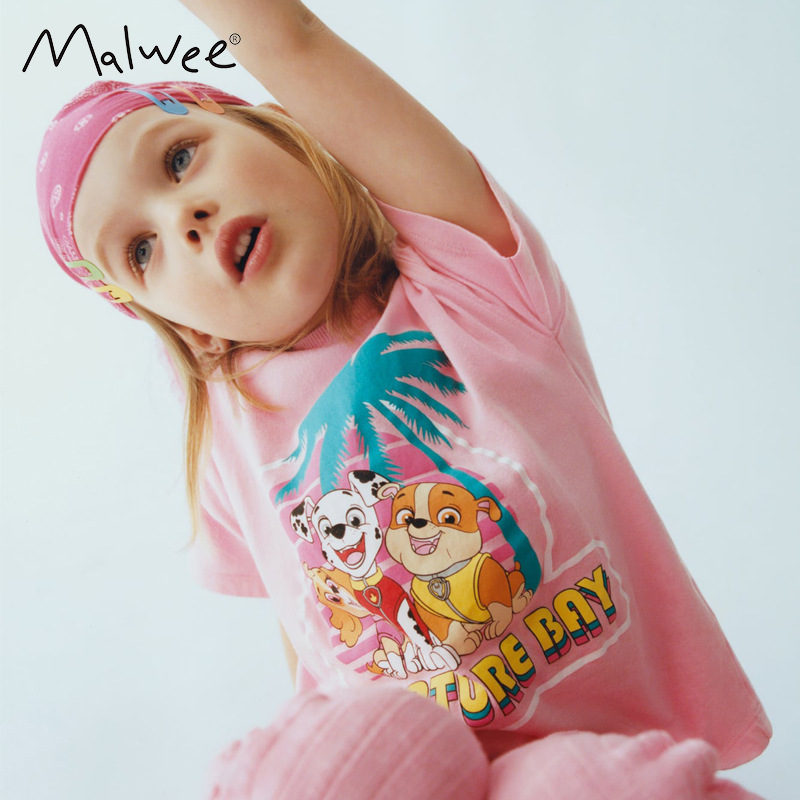 Malwee camiseta de niñas de otoño nuevo estilo de impresión casual para niños de media edad cuello redondo de manga corta chaqueta de niños