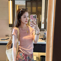 ピンクのラウンドネックショルダー半袖Tシャツ女性用夏痩身純綿Tシャツ小柄な人向けホワイト半袖トップ