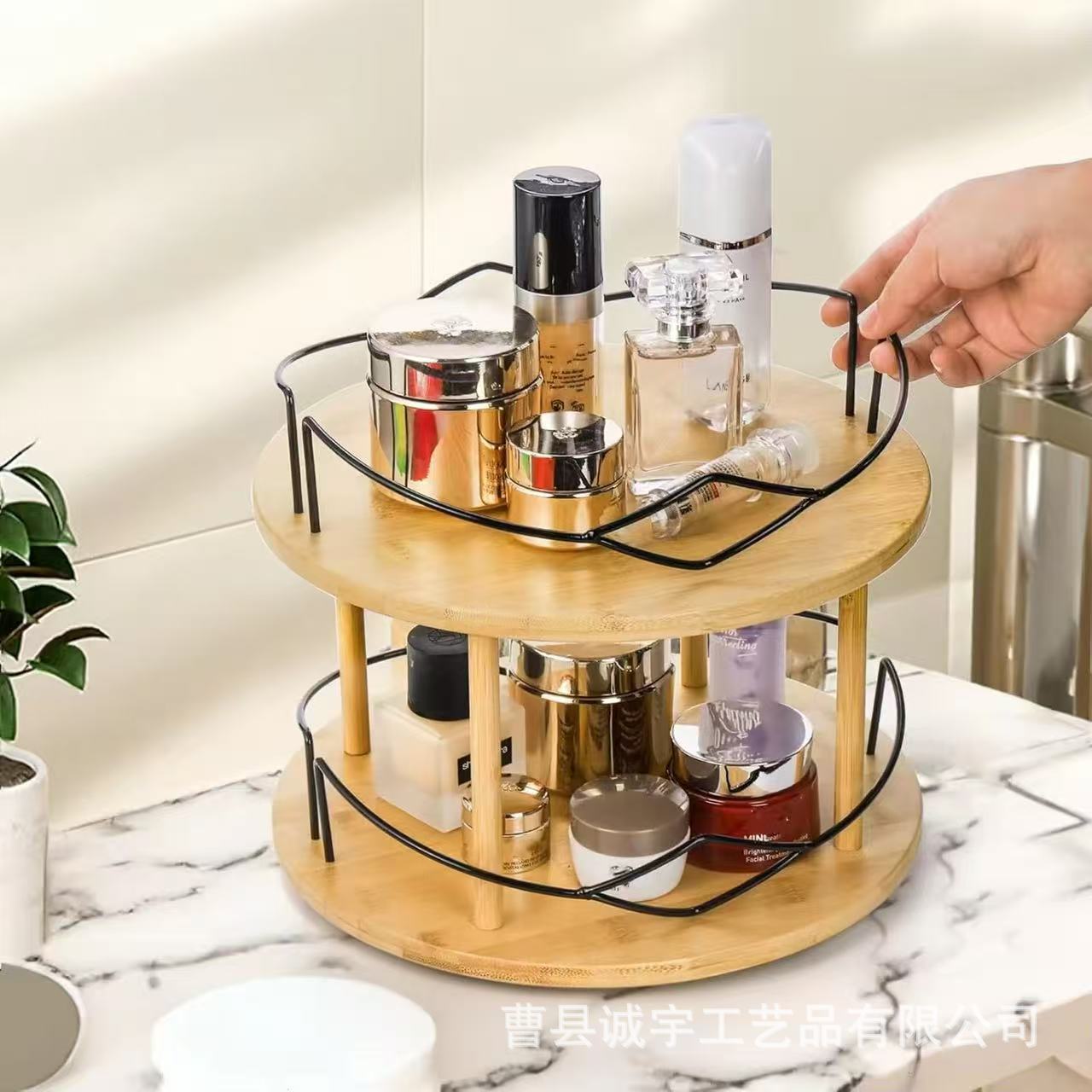 Wooden double-layer seasoning rack kitchen rotatable countertop seasoning jar storage rack bathroom cosmetics organizer