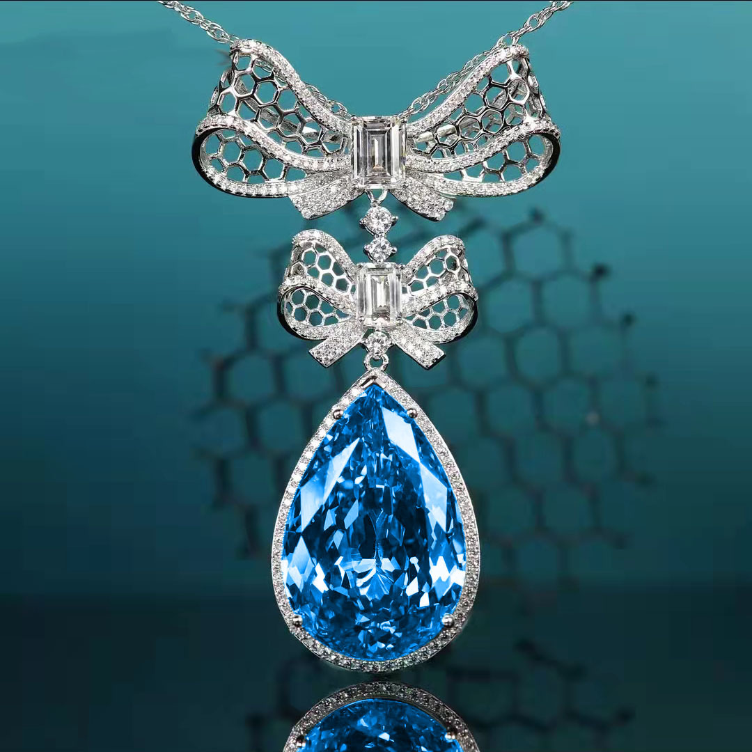 light luxury full diamond topaz blue suit bow necklace earrings ring female