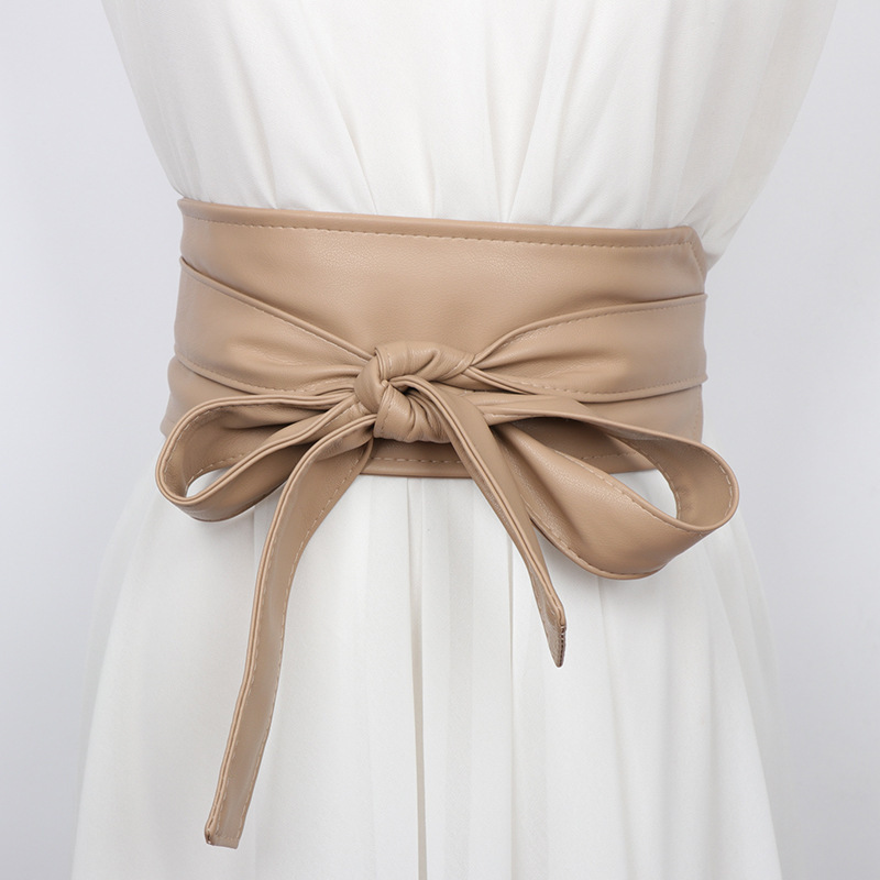 Japanese style waist seal women's PU leather decorative dress shirt bow tie retro casual all-match double ring wide belt