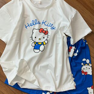 Retro white cute summer short sleeve T-shirt, shorts, trousers, brand set, American style, loose fit