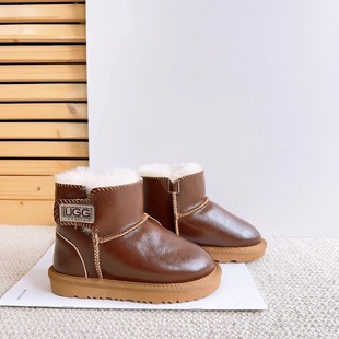 Winter New Kidsren's Snow Boots Goatskin and Wool Integrated Wool Boys and Girls Velcro Baby Shoes Waterproof Anti-Slip Cotton Boots