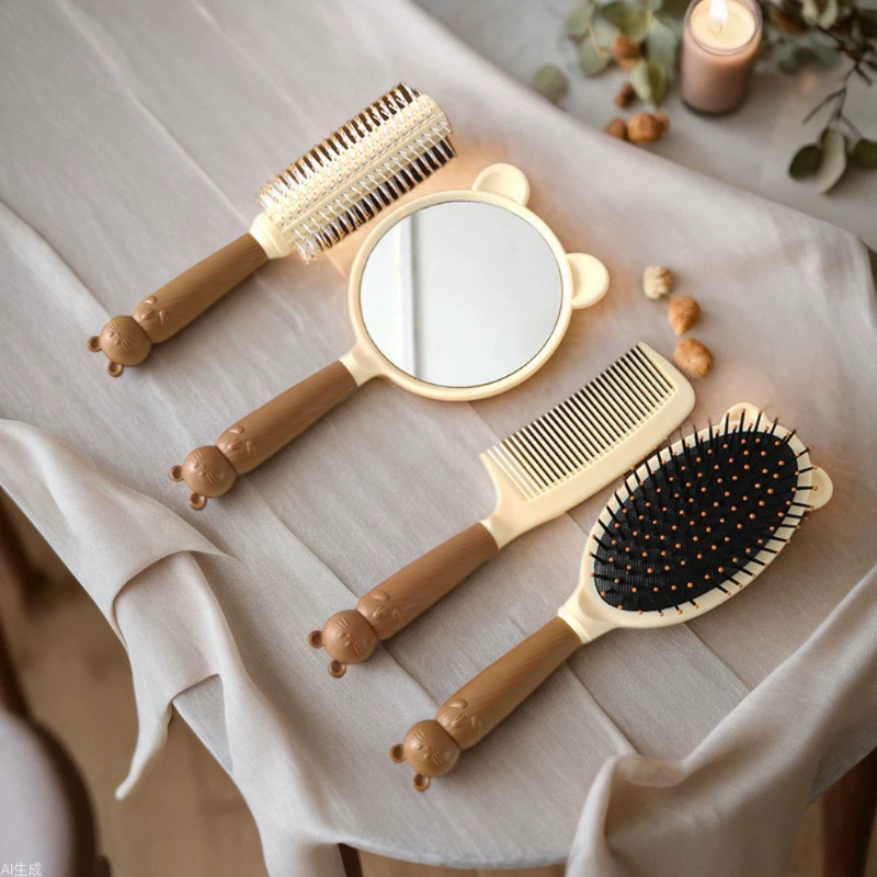Мягкий милый кошачий гребень, зеркальный коричневый бытовой набор из четырех предметов, Женская подушка безопасности, массажная расческа, косметический зеркальный костюм, оптовая продажа