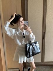 假两件白色长袖衬衫连衣裙女春秋季新款气质收腰荷叶边a字短裙女