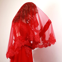 头纱批发红盖头新娘红色中式秀禾古风新款蕾丝结婚红纱出嫁接亲