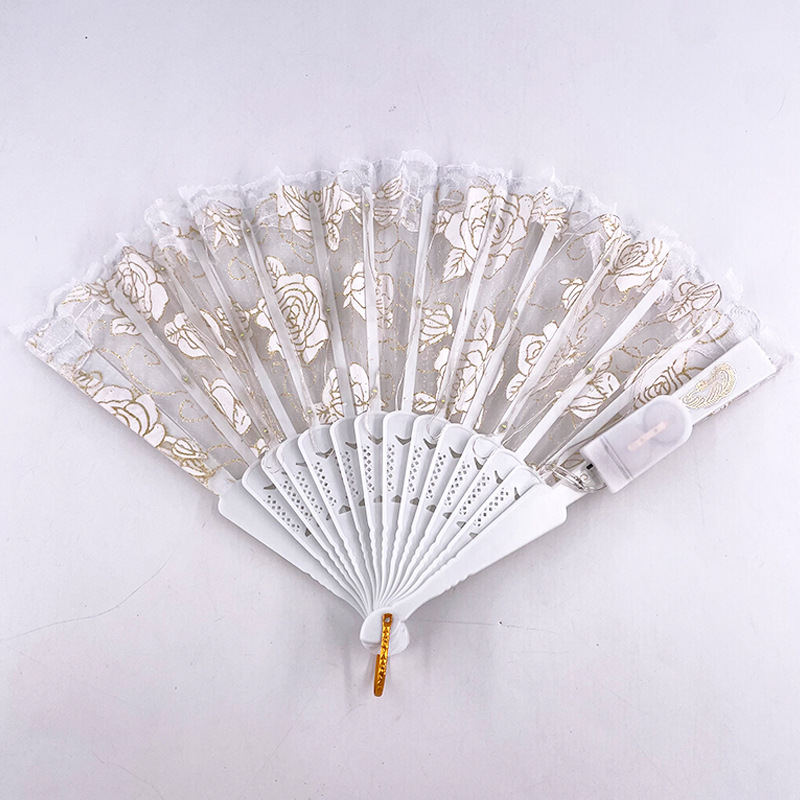 #593-1 7寸-6V双功能-发光玫瑰蕾丝扇正白色
