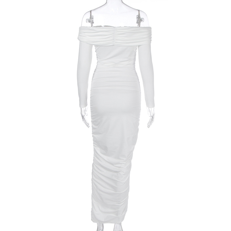 Solid Color Sexy off the Shoulder Maxi Dress Elegant Pleated Long Sleeve Dress Women 8 Solid Color Sexy off the Shoulder Maxi Dress Elegant Pleated Long Sleeve Dress Women