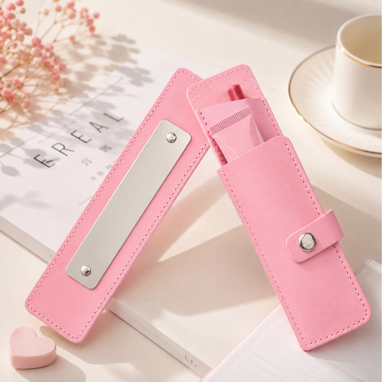 PU leather portable makeup pencil case with mirror, lipstick storage, and lip liner storage bag, can be printed with logo