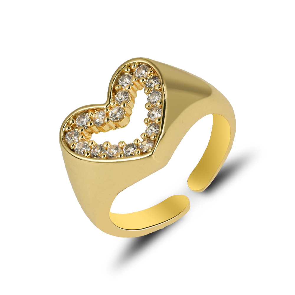 South Korea's Dongdaemun Love Opening Ring Copper Micro-encrusted Zircon Peach Heart Ring Full Of Diamonds Ins Europe And The United States Hip-hop Index Finger Ring