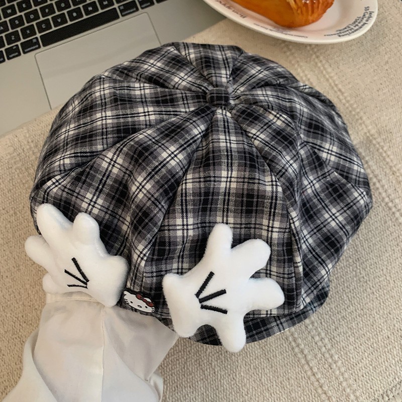 可爱kitty猫格子贝雷帽女甜美百搭贝雷帽显脸小画家八角帽子韩版|undefined