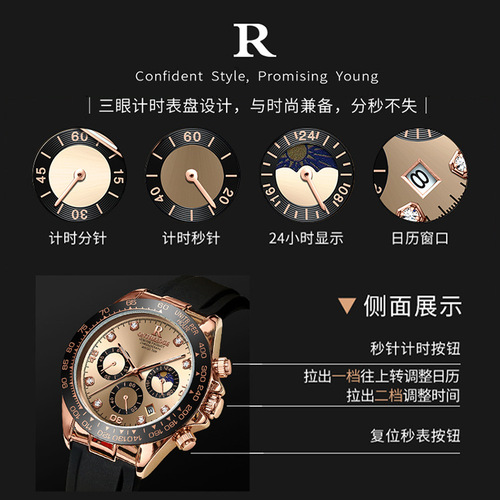 Ruizhiyuan brand panda watch non-mechanical multi-function luminous seconds waterproof men's student quartz watch tape