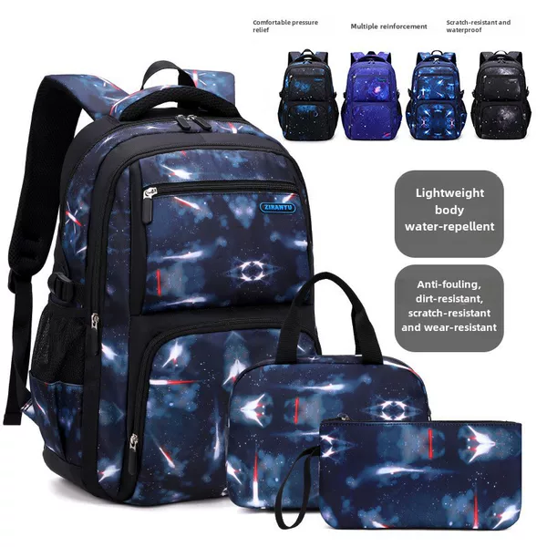 Natural Fish Personalized Fashion Starry Sky Primary and Secondary School Bags for Boys 3-6Th Grade Burden-Reducing Three-Piece Backpack