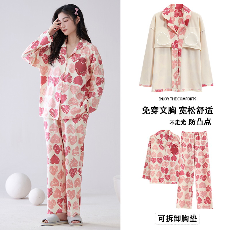 Category a Spring & Fall Pajamas for Women with Breast Pads, No Need to Wear Bra, Long-Sleeved Pants, Pure Cotton 100, Pure Cotton, Can Be Worn Outside in Autumn and Winter