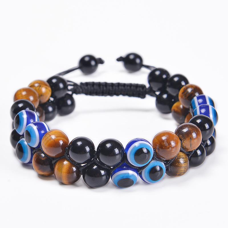 8MM Evil Mill Eye Bracelet Tiger Eye Black Magnetic Bracelet Double-layer Woven Evil Eye Natural Stone Beaded Hand