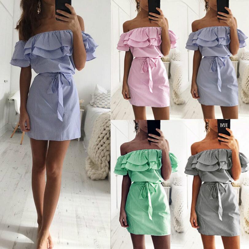 In-Stock European and American Women's Clothing Amazon Wish Summer Ruffle Sleeve Striped Off-Shoulder Halter Neck Dress