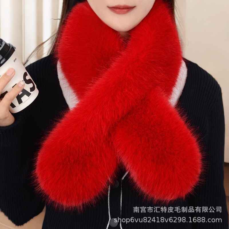 新款现货仿狐狸毛围巾批发秋冬季百搭仿毛交叉围脖加厚保暖围巾|undefined