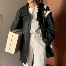 韩版新款黑色皮衣外套女秋冬新款港风休闲PU皮夹克中长款翻领上衣