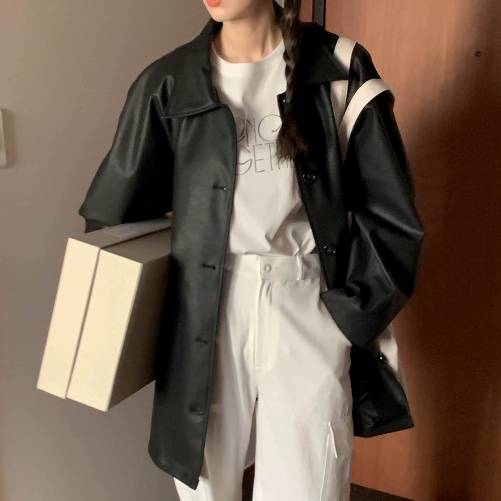 韩版新款黑色皮衣外套女秋冬新款港风休闲PU皮夹克中长款翻领上衣