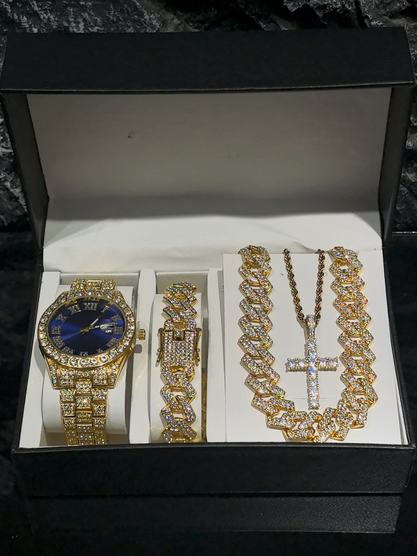 Aleación Hip Hop Diamond Reloj romano Juego de pulsera cubana Calendario de aleación de zinc Reloj de cuarzo wristwatches